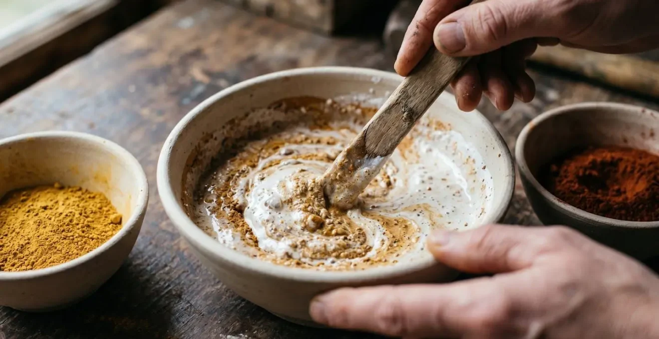 Mani che preparano pittura naturale con calce e pigmenti in ciotole di ceramica