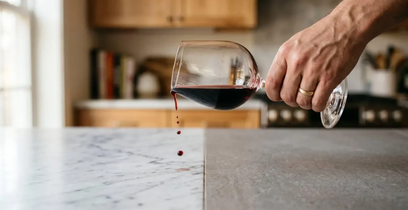 Test comparativo di resistenza alle macchie tra gres e marmo con vino rosso