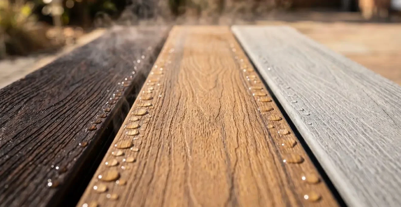 Immagine termografica di diverse doghe decking sotto il sole estivo che mostra le differenze di temperatura