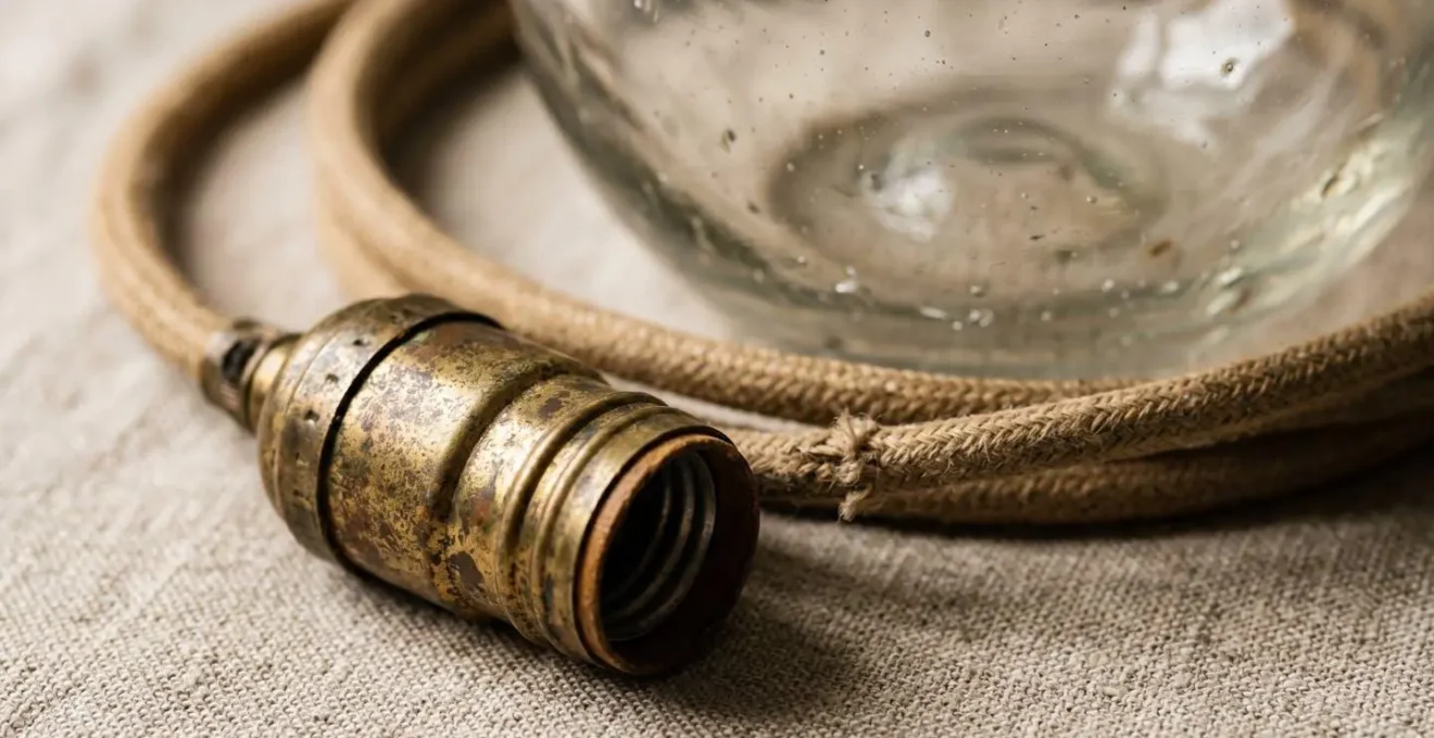 Dettaglio macro di componenti di una lampada vintage italiana con focus sui materiali e finiture
