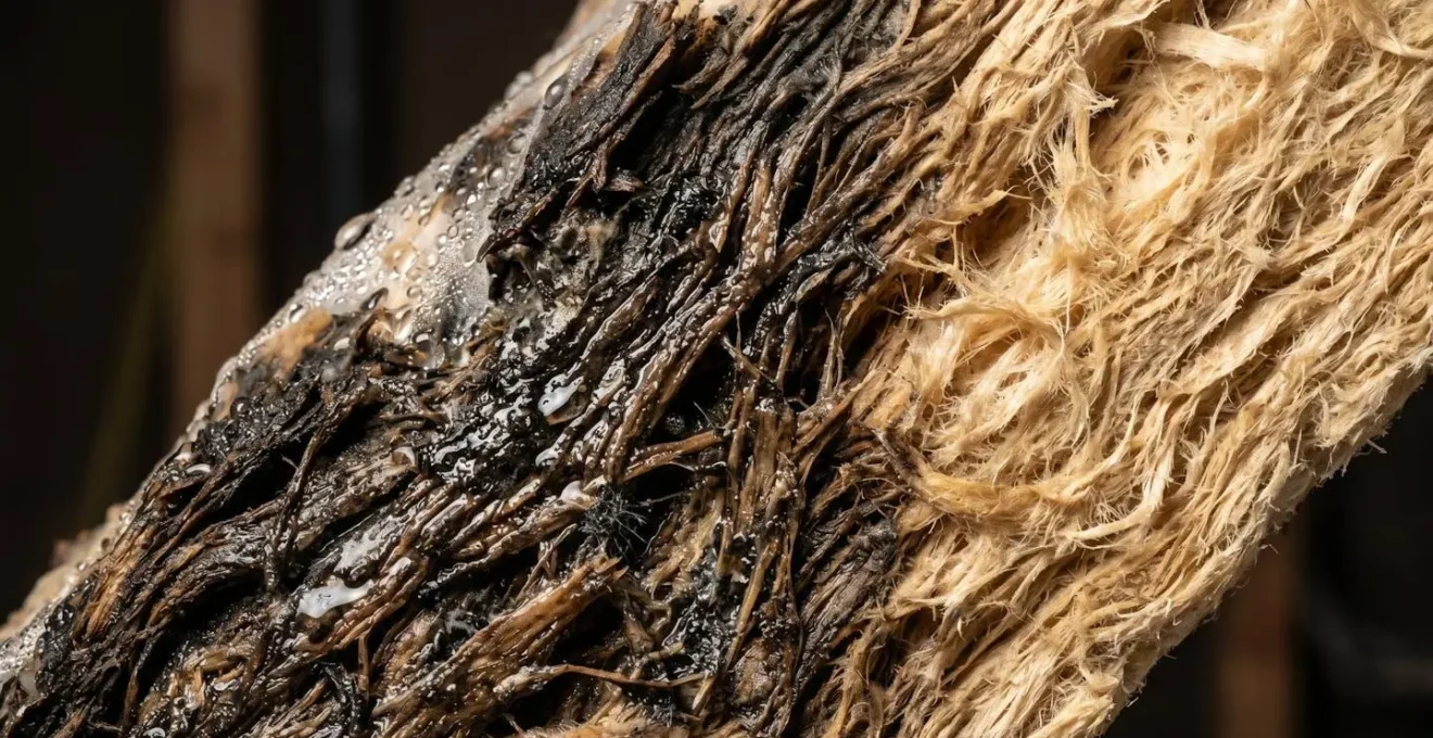 Sezione macro di isolante in fibra naturale danneggiato da umidità interstiziale
