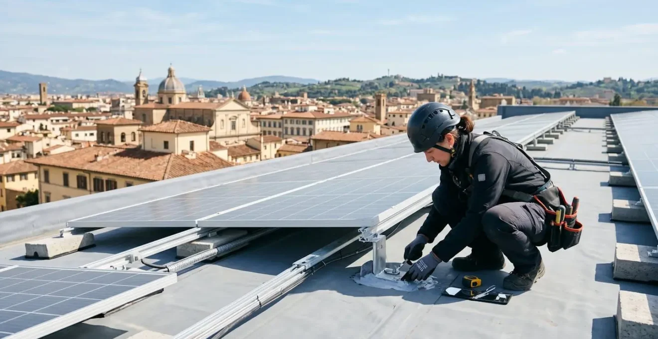 Tecnico che ispeziona l'impermeabilizzazione di un tetto condominiale con pannelli fotovoltaici