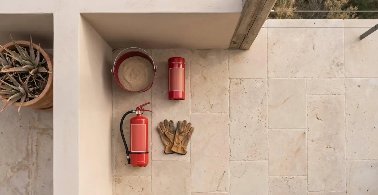Vista dall'alto di un kit di emergenza per braciere organizzato su terrazzo