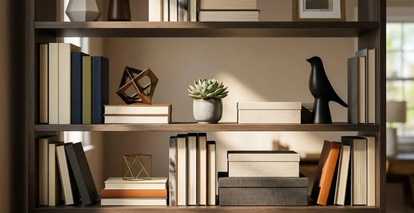 Libreria organizzata con oggetti di design per sfondo professionale nelle videochiamate
