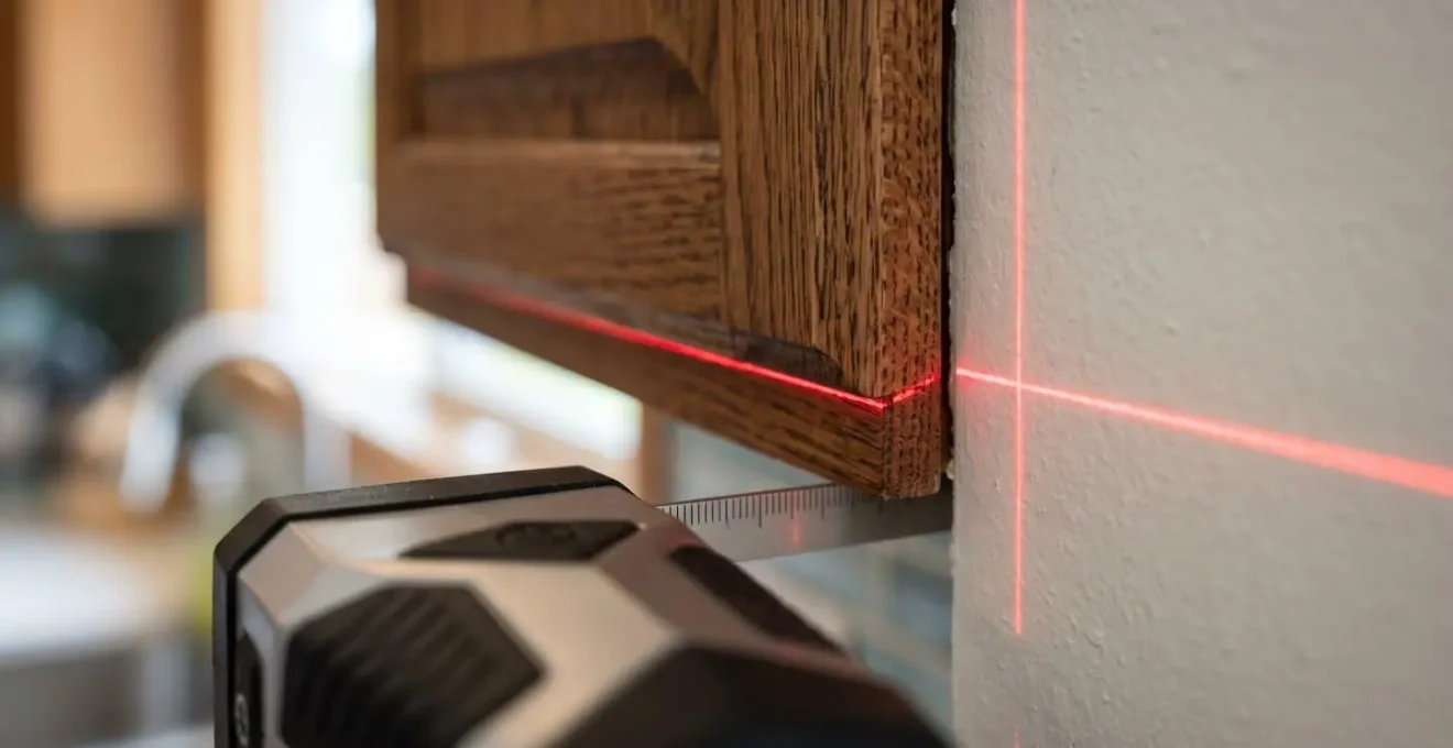 Strumento di misurazione laser che rileva un angolo non perfettamente retto in una cucina