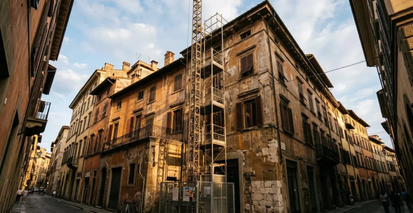 Montacarichi da cantiere installato sulla facciata di un palazzo italiano