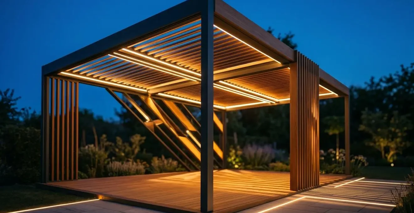 Pergola bioclimatica moderna con illuminazione LED integrata durante una serata estiva