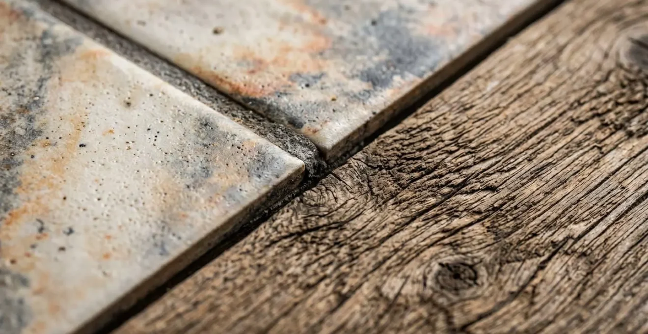 Dettaglio macro della texture di protezione termica su decking in legno