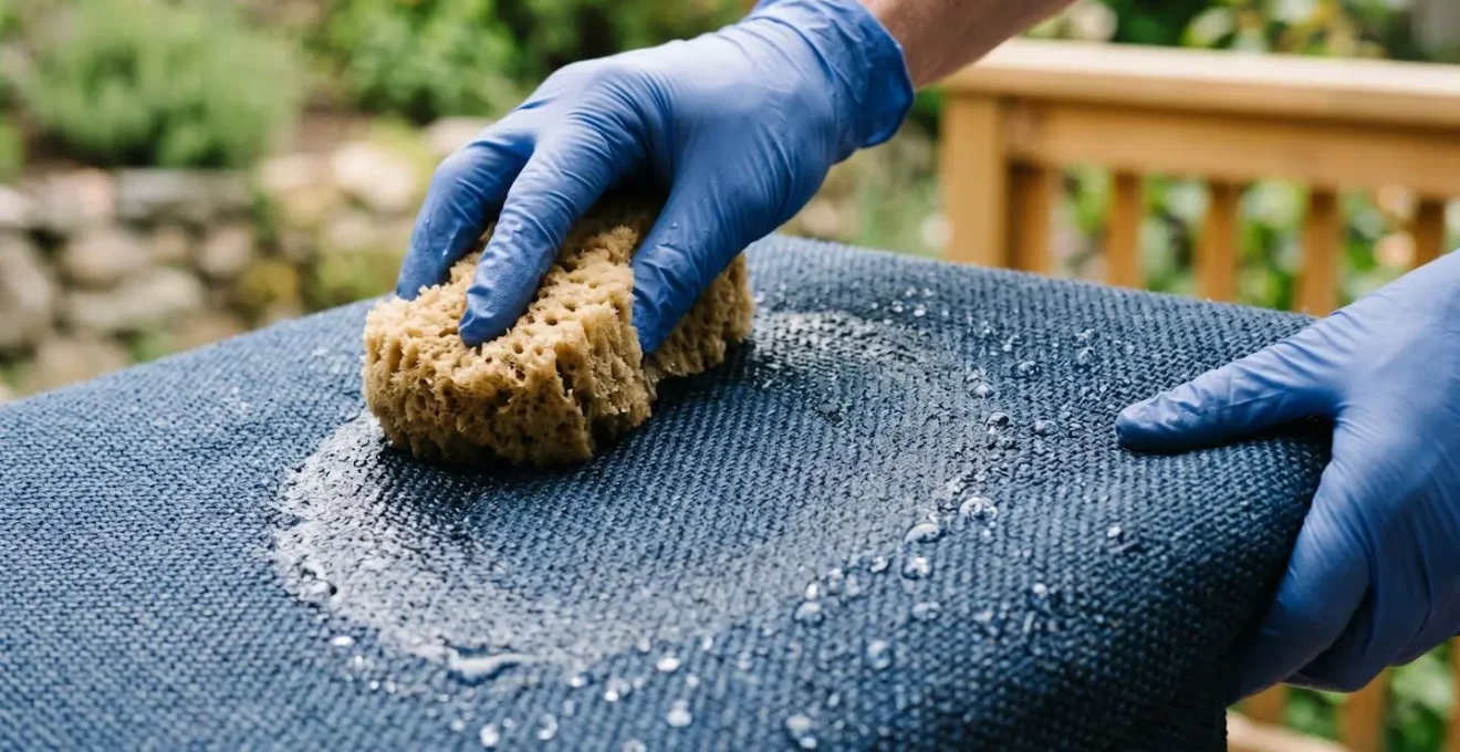 Mani che puliscono delicatamente tessuto da esterno con spugna e prodotto specifico