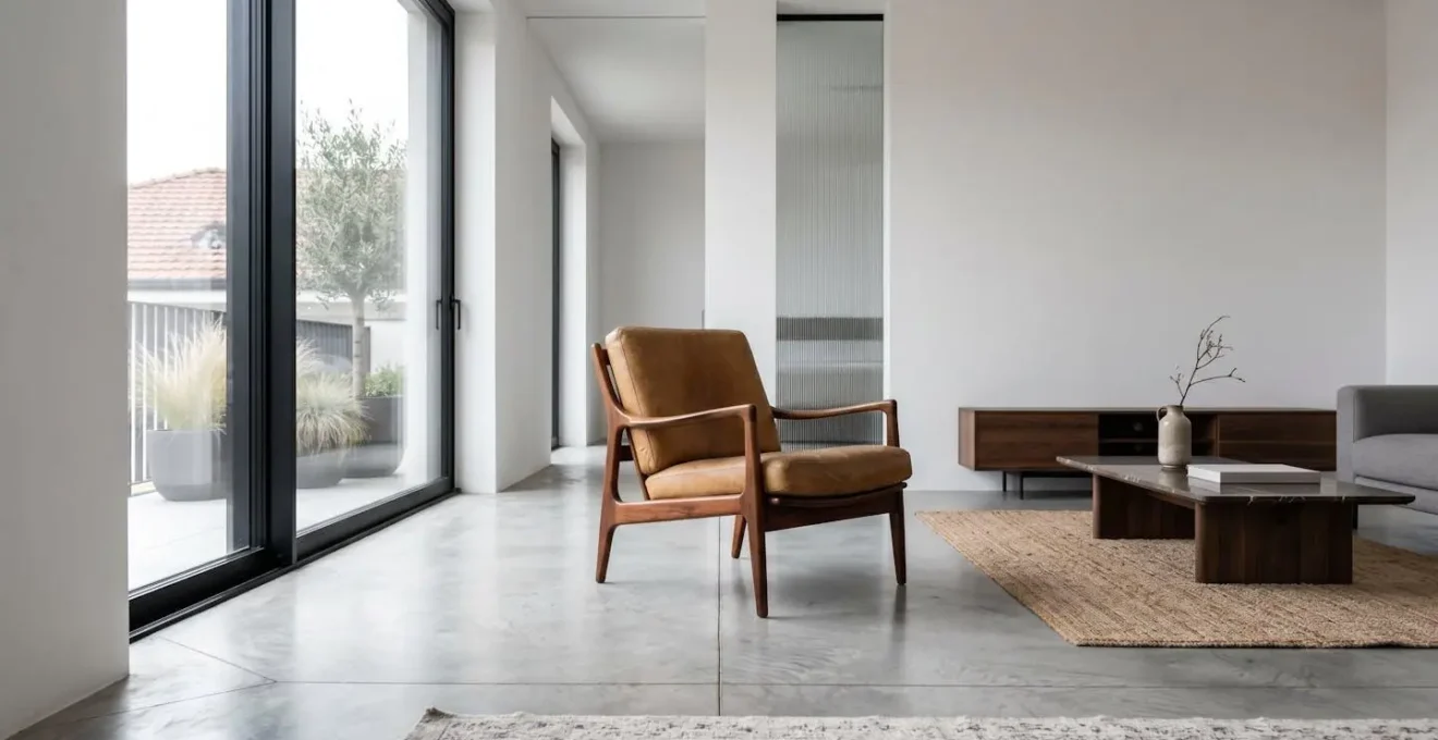 Salotto moderno con poltrona vintage anni '60 perfettamente integrata, a dimostrazione dell'armonia tra stili.