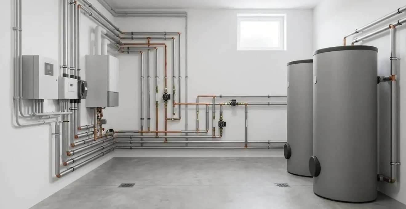 Vista di un locale tecnico con sistema ibrido pompa di calore e caldaia a condensazione installati