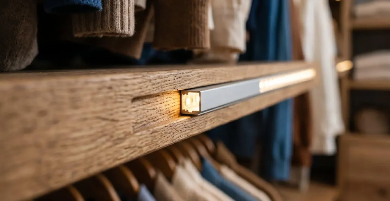 Sistema di illuminazione LED wireless con sensori di movimento integrati nei ripiani della cabina armadio