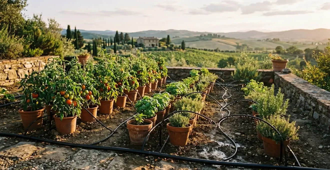 Sistema di irrigazione a goccia in un giardino mediterraneo con piante aromatiche