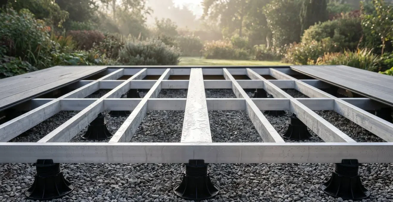 Vista laterale di una sottostruttura in alluminio per decking con corretta ventilazione e pendenza