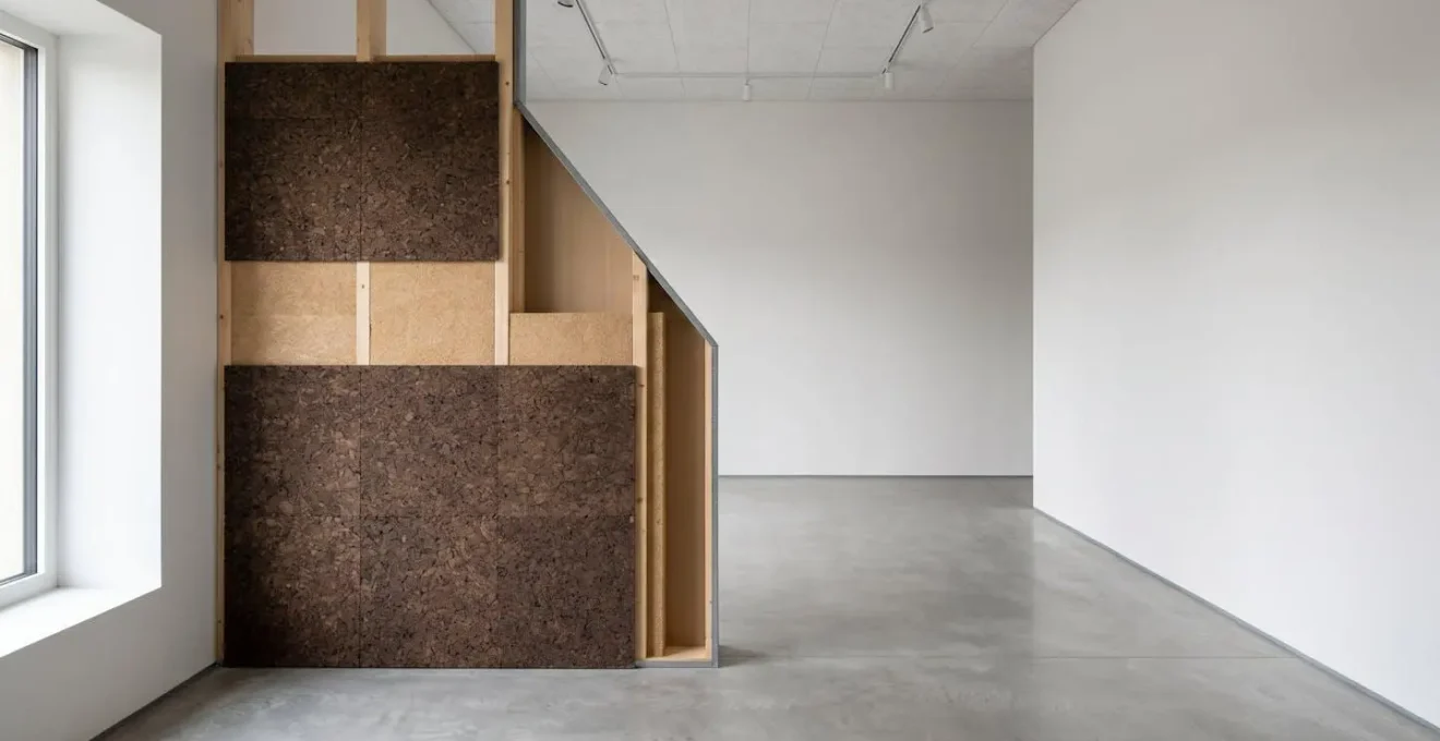 Vista in sezione di una parete con strati alternati di sughero e fibra di legno per isolamento acustico