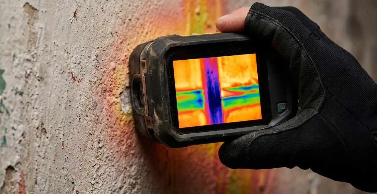Tecnico utilizza strumento termografico per analizzare struttura muro