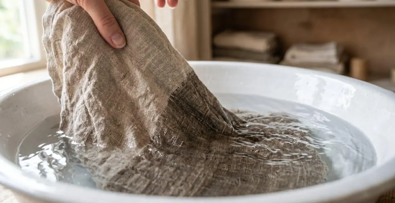Mani che immergono delicatamente una tenda di lino in una bacinella d'acqua fredda