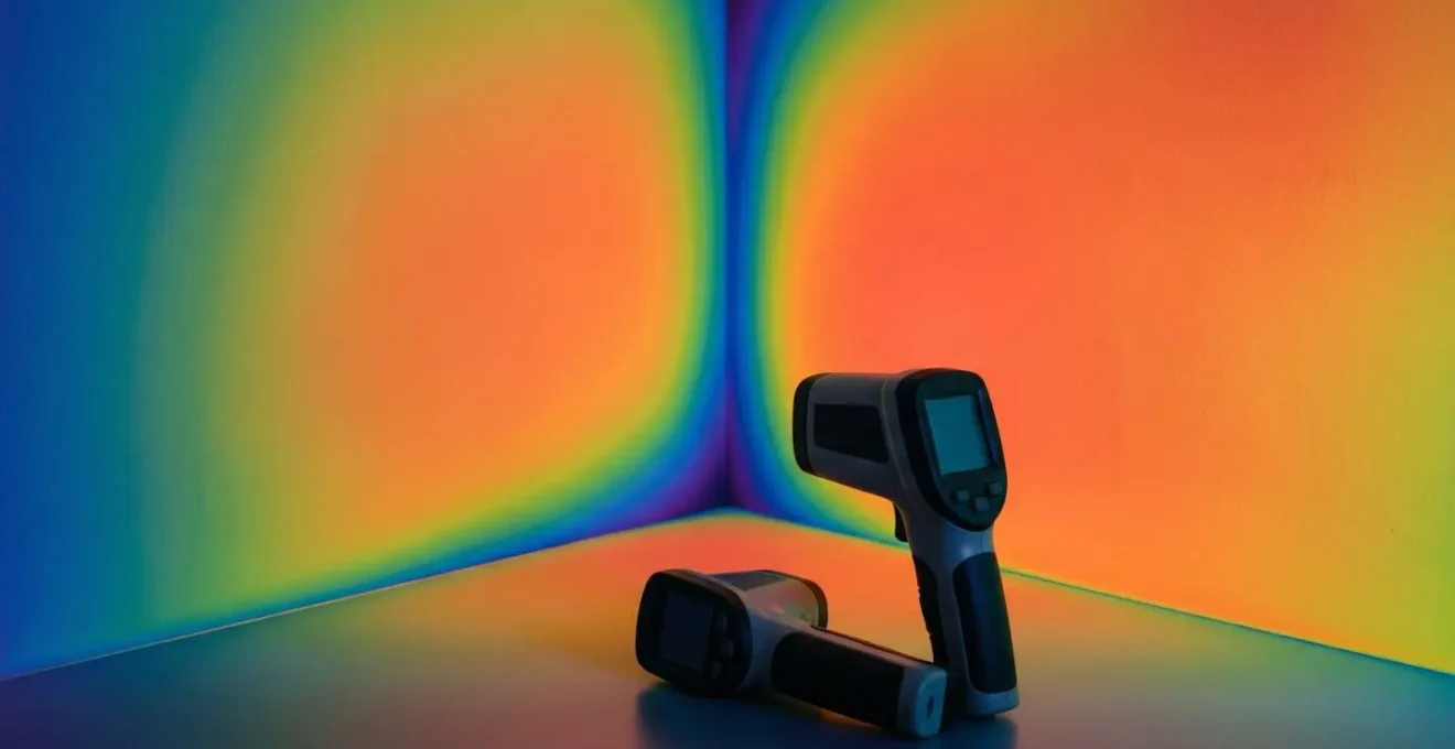 Vista termografica ad infrarossi di un angolo interno con ponte termico visibile
