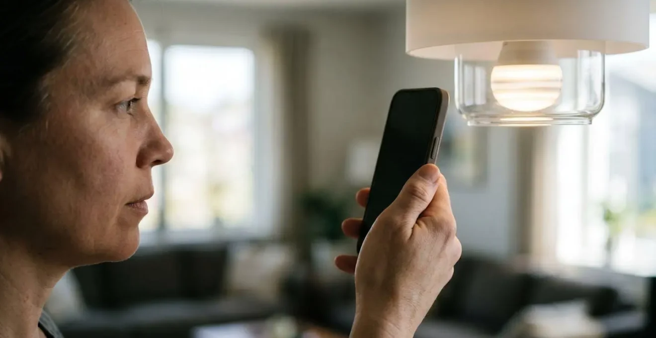 Mano che tiene uno smartphone e inquadra una lampadina a LED per testare la presenza di flickering tramite la fotocamera