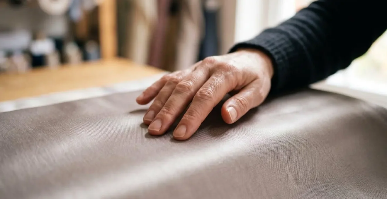 Mano che accarezza tessuto di cotone mostrando la lucentezza perlacea delle fibre lunghe