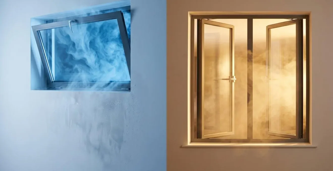 Confronto visivo tra ventilazione a vasistas e apertura completa delle finestre