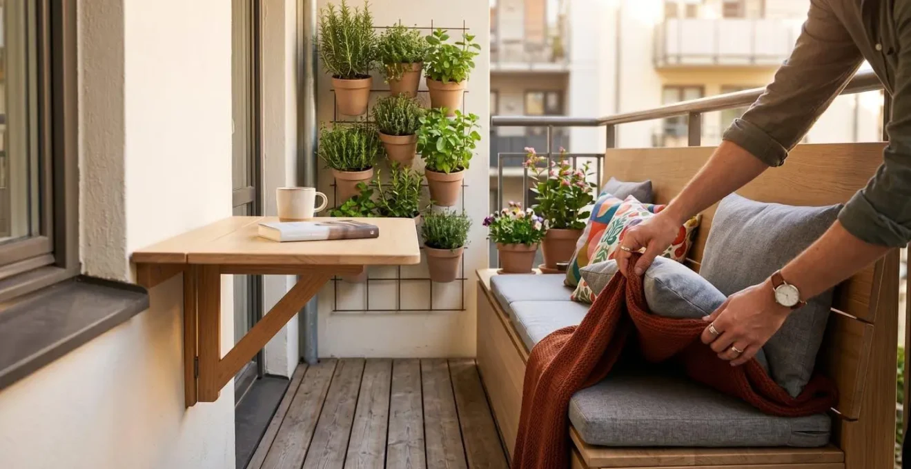 Balcone lungo e stretto con panche contenitore, tavolo ribaltabile e soluzioni salvaspazio verticali