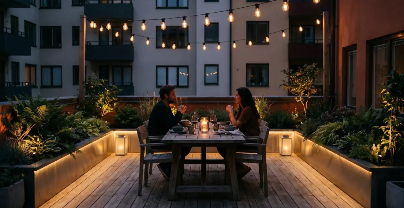 Terrazzo serale con illuminazione indiretta dal basso, luci calde su piante e atmosfera intima